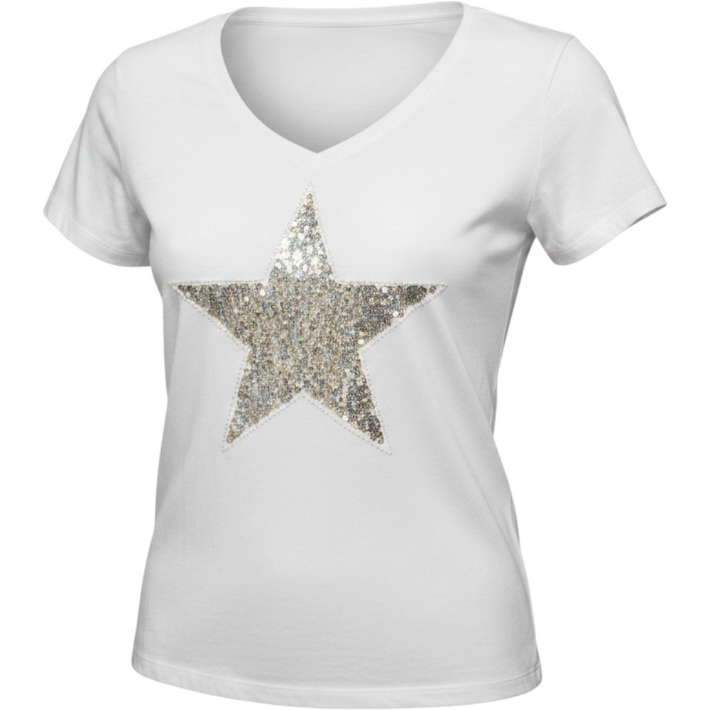 Venti6 White Sequin Star Studded Scoop Neck Tee Made in Italy Medium
